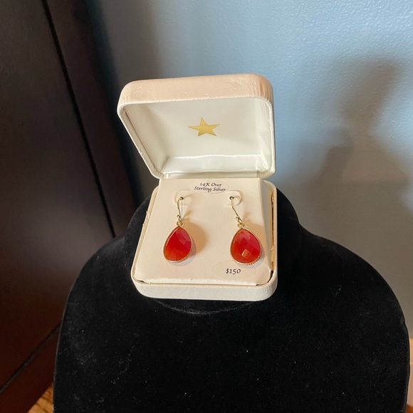 Elegant Teardrop Earrings Red Onyx 14k over sterling silver - Picture 1 of 6